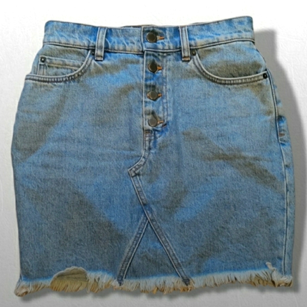 & other stories sz 4 Denim Mini Skirt Button Fly Front Raw Hem Faded Jean Skirt